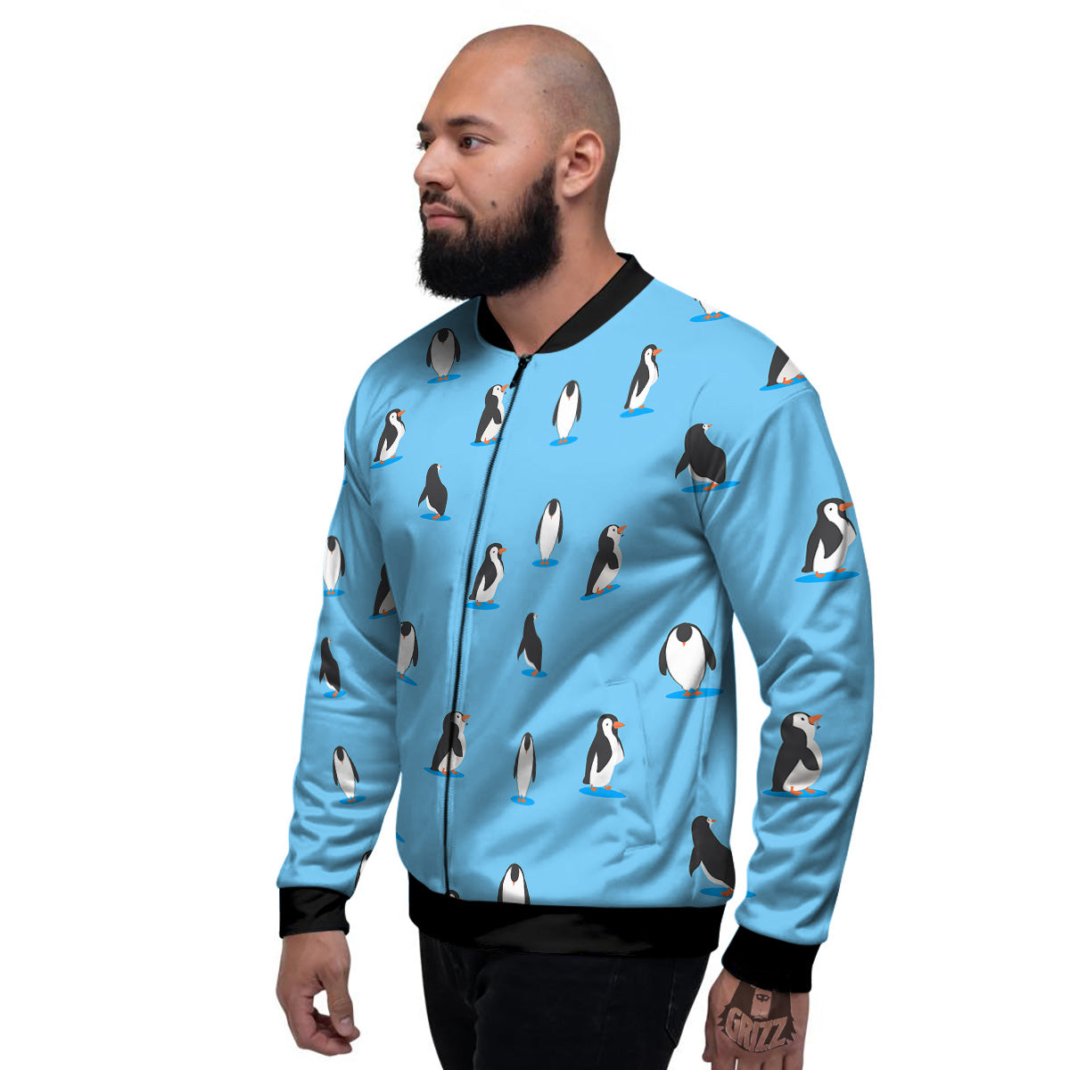 Blue Cute Penguin Print Pattern Men's Bomber Jacket-grizzshop