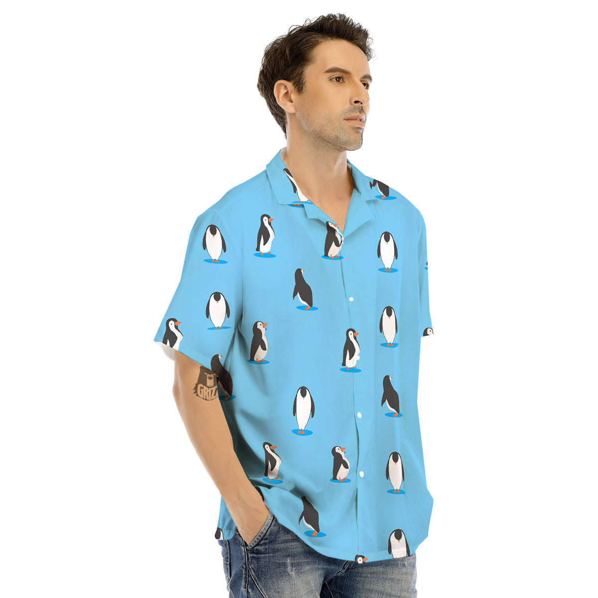 Blue Cute Penguin Print Pattern Men's Hawaiian Shirt-grizzshop