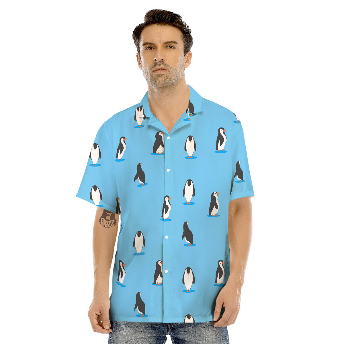 Blue Cute Penguin Print Pattern Men's Hawaiian Shirt-grizzshop
