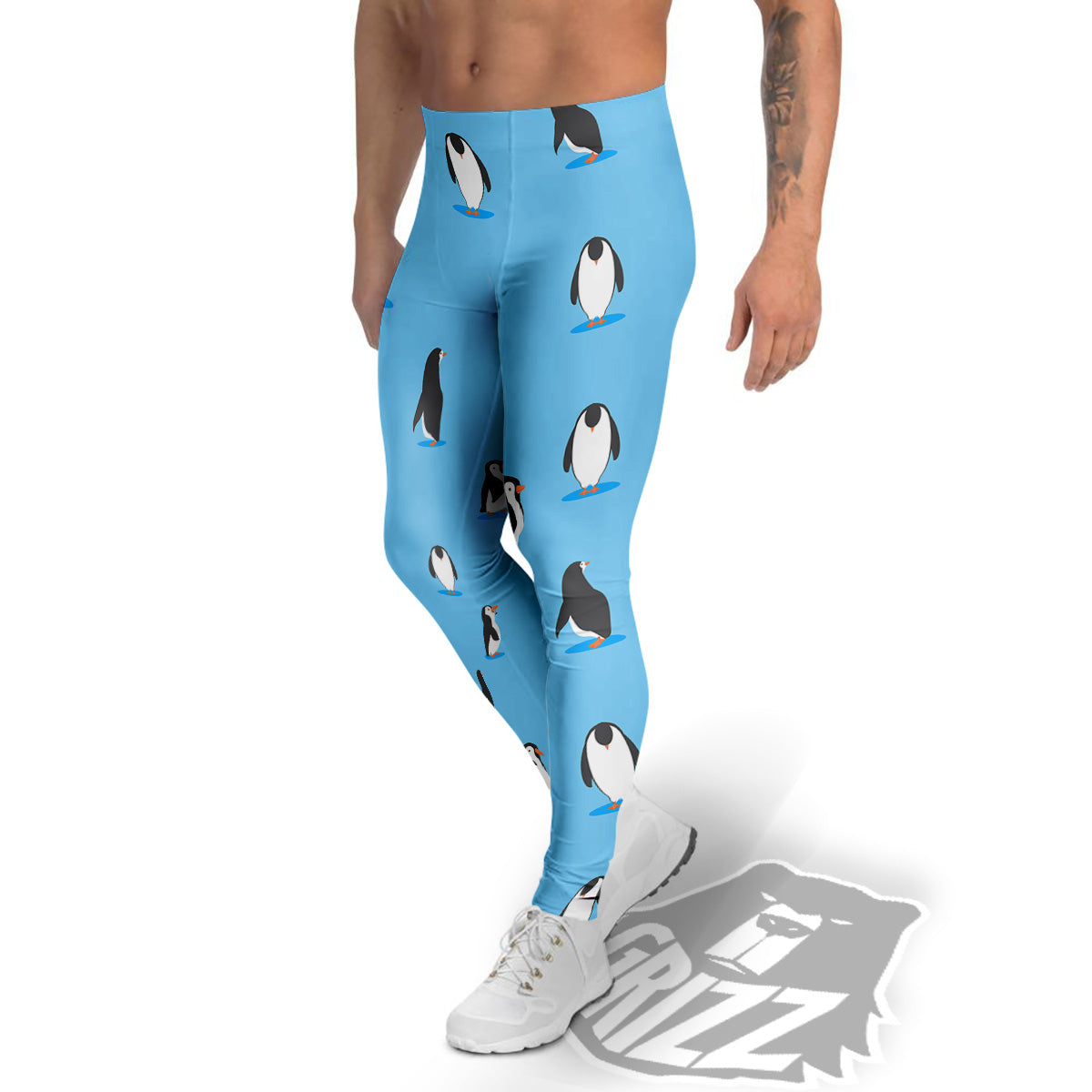 Blue Cute Penguin Print Pattern Men's Leggings-grizzshop