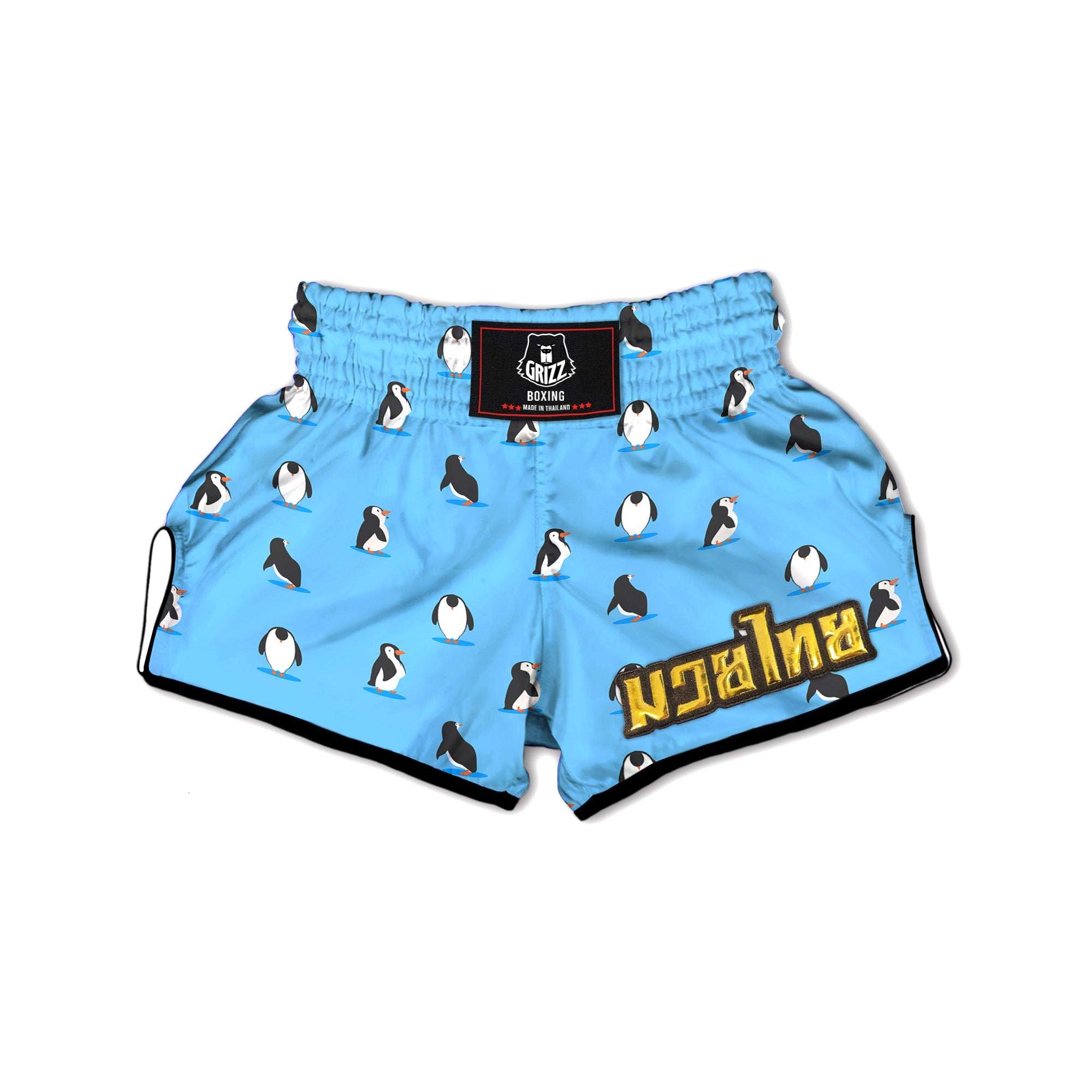 Blue Cute Penguin Print Pattern Muay Thai Boxing Shorts-grizzshop