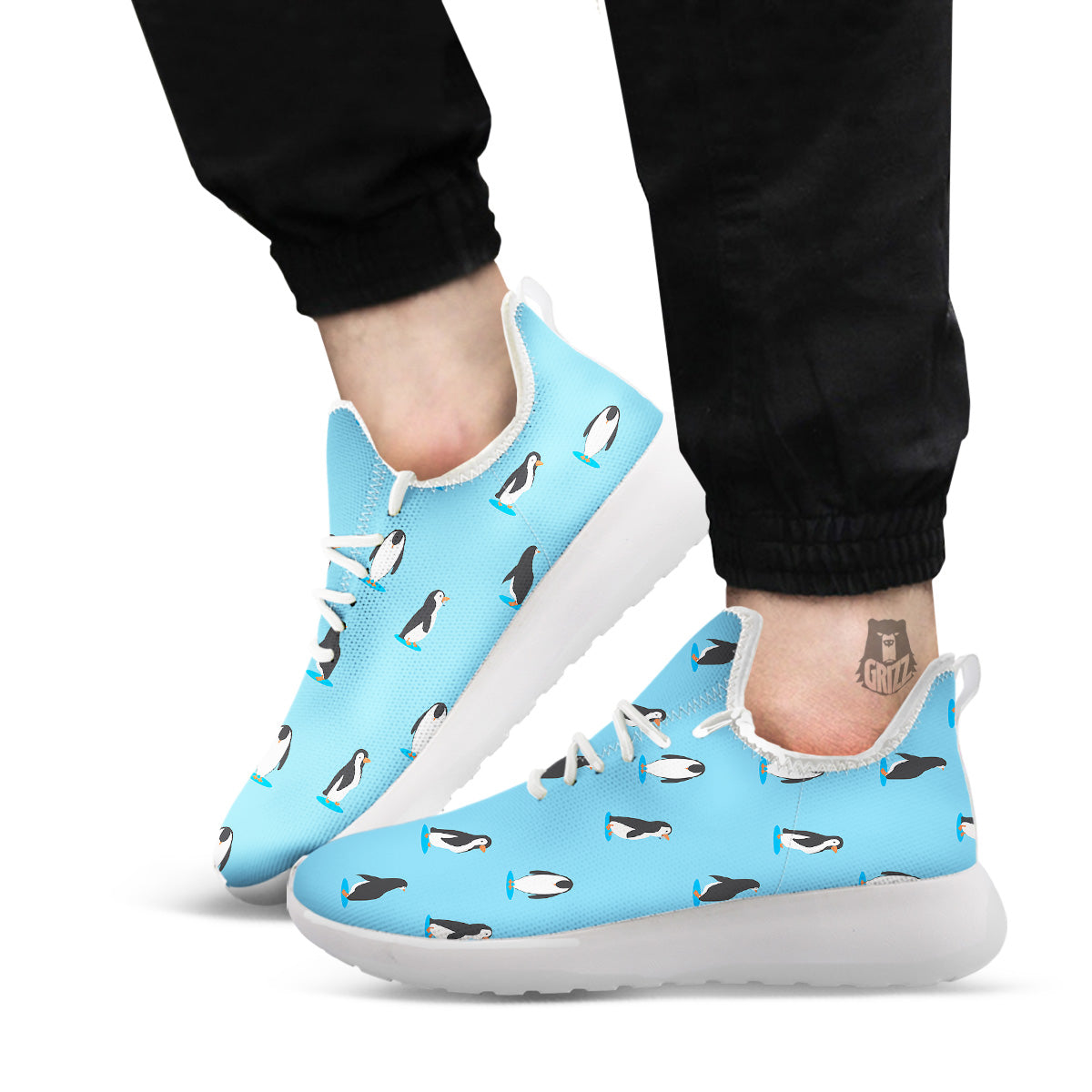 Blue Cute Penguin Print Pattern White Athletic Shoes-grizzshop