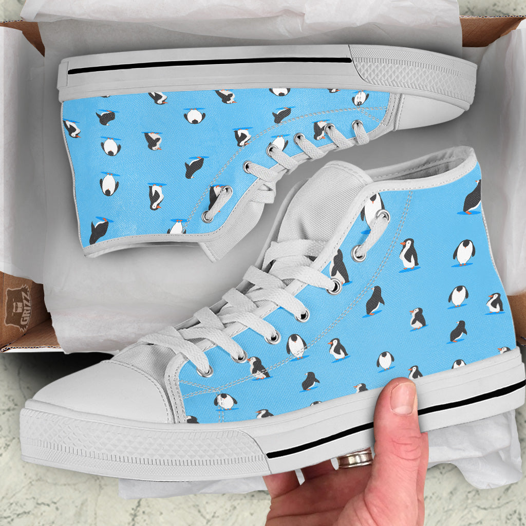 Blue Cute Penguin Print Pattern White High Top Shoes-grizzshop