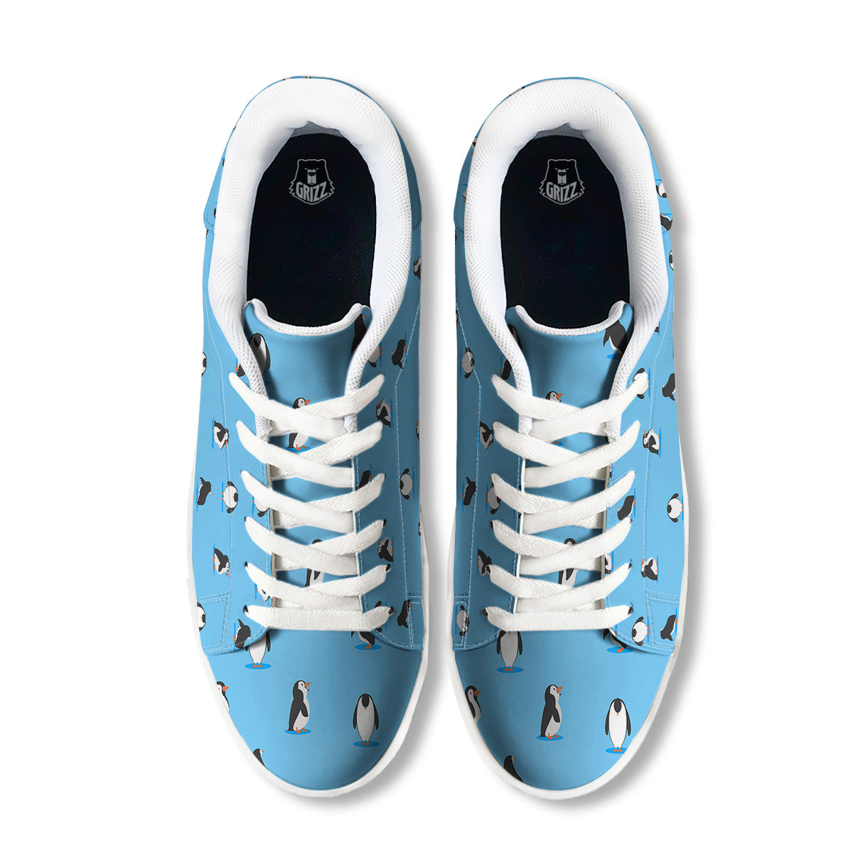 Blue Cute Penguin Print Pattern White Low Top Sneakers-grizzshop