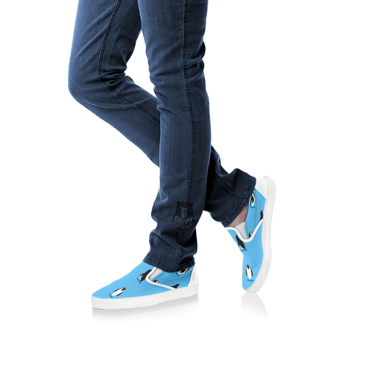 Blue Cute Penguin Print Pattern White Slip On Shoes-grizzshop