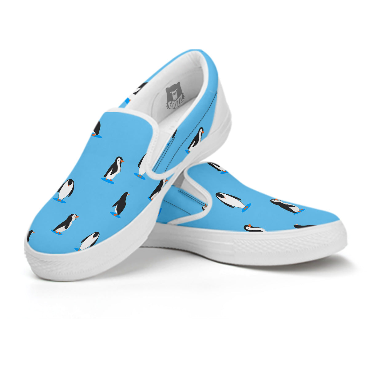 Blue Cute Penguin Print Pattern White Slip On Shoes-grizzshop