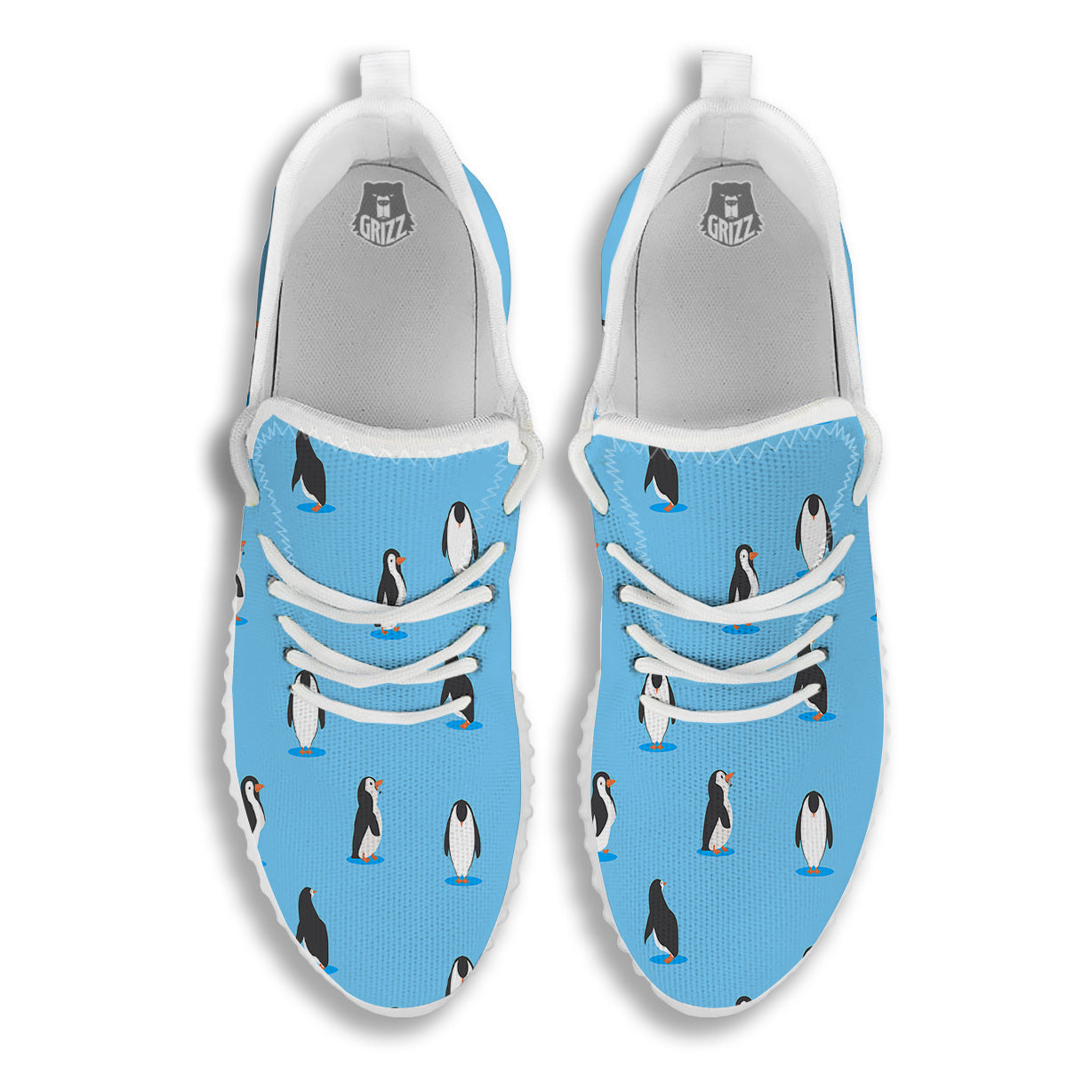 Blue Cute Penguin Print Pattern White Walking Shoes-grizzshop