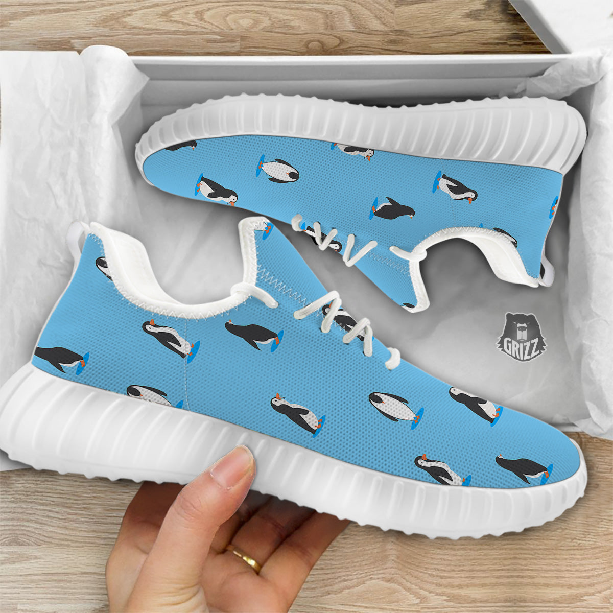 Blue Cute Penguin Print Pattern White Walking Shoes-grizzshop