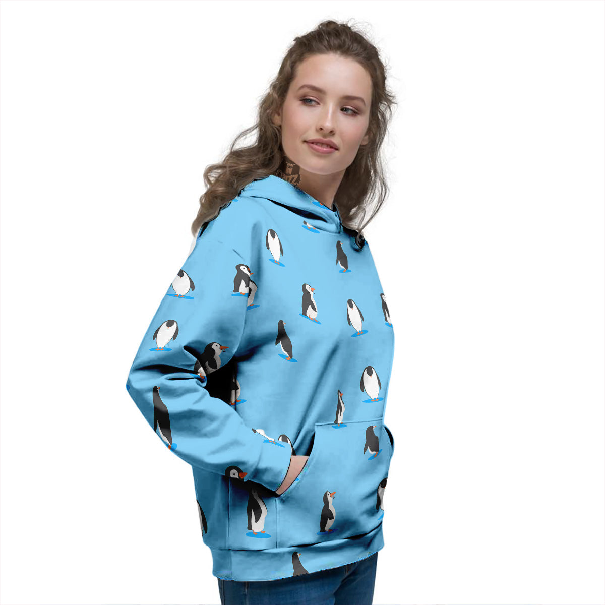 Blue Cute Penguin Print Pattern Women's Hoodie-grizzshop