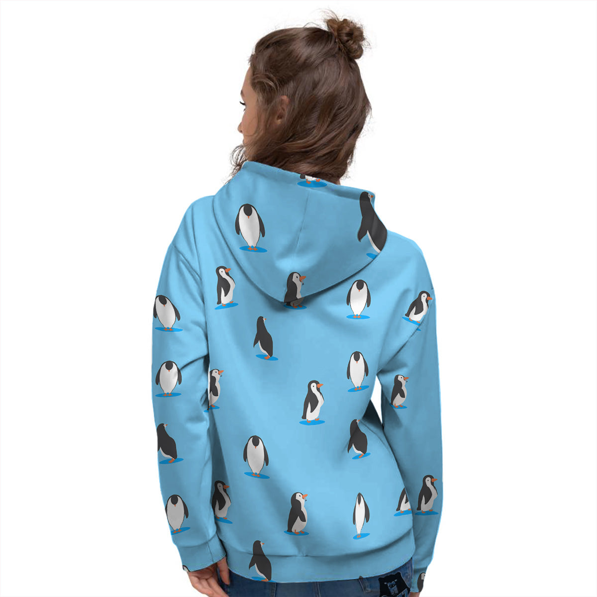 Blue Cute Penguin Print Pattern Women's Hoodie-grizzshop