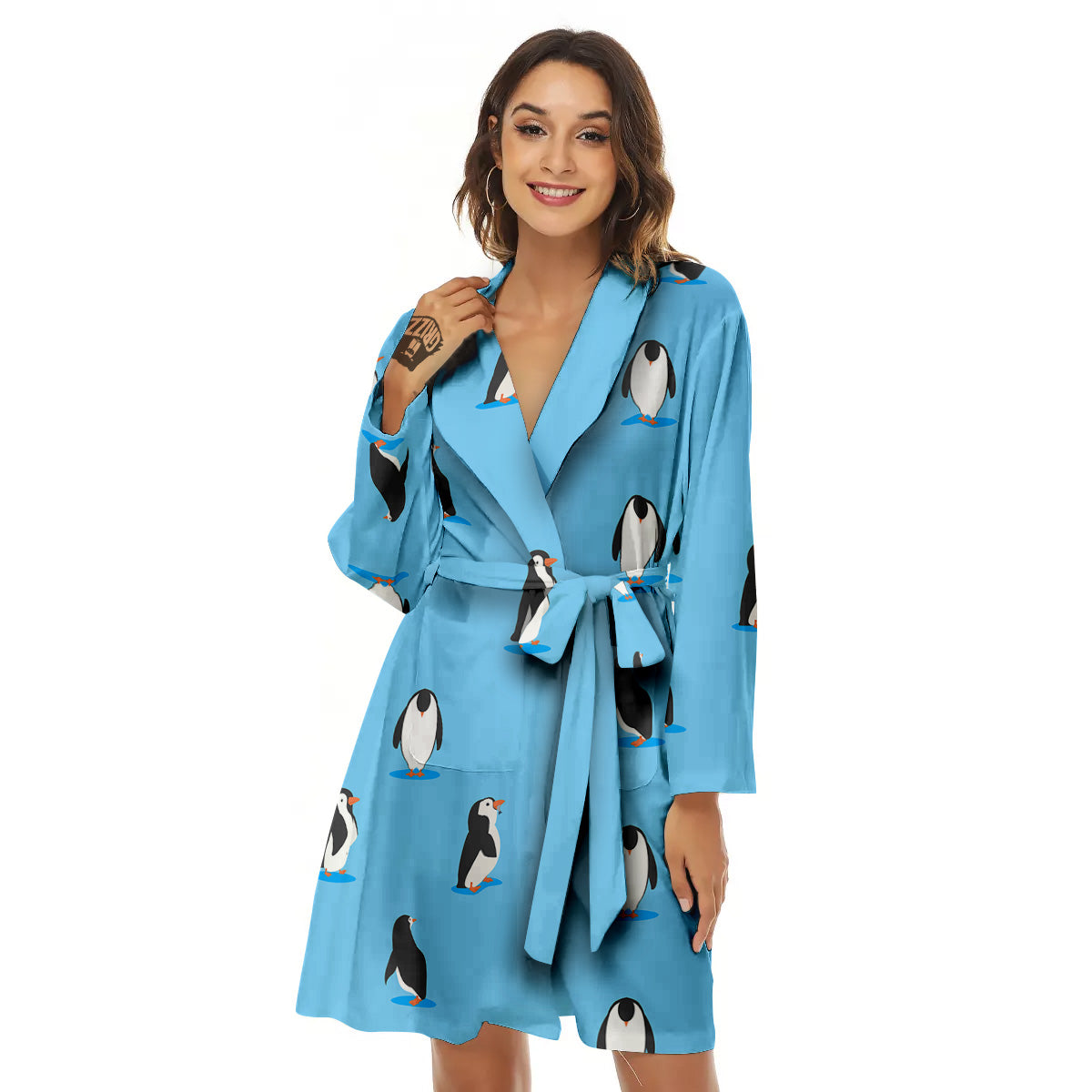 Blue Cute Penguin Print Pattern Women's Robe-grizzshop