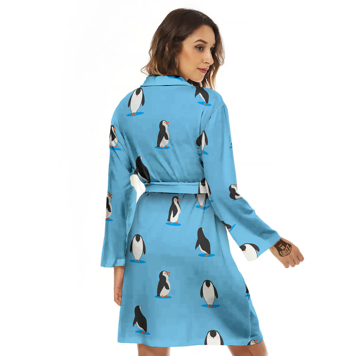 Blue Cute Penguin Print Pattern Women's Robe-grizzshop
