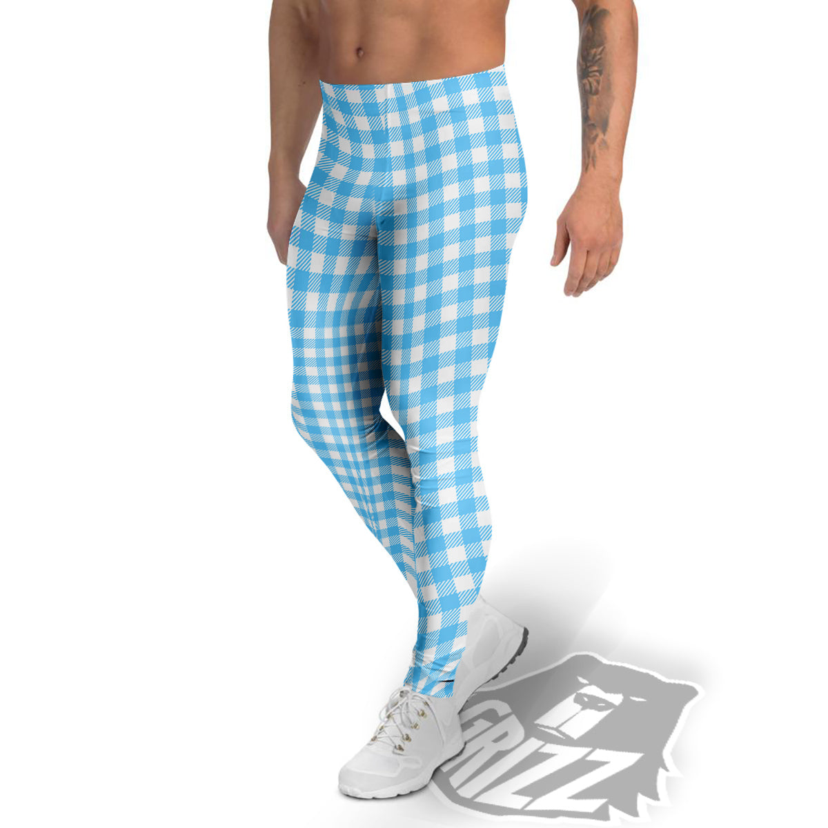 Blue Cyan And White Gingham Print Men's Leggings-grizzshop