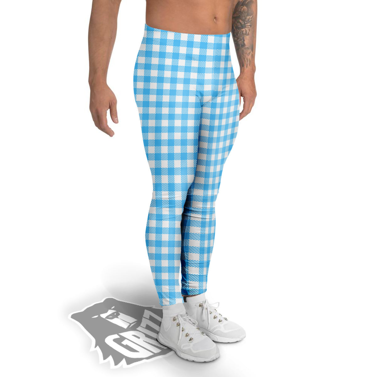 Blue Cyan And White Gingham Print Men's Leggings-grizzshop