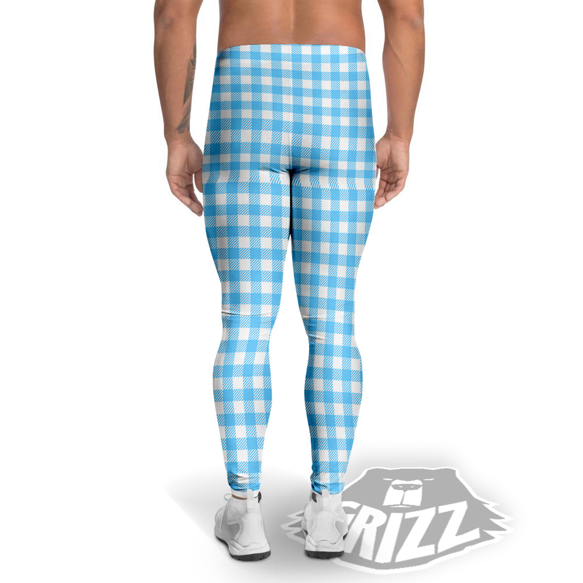 Blue Cyan And White Gingham Print Men's Leggings-grizzshop