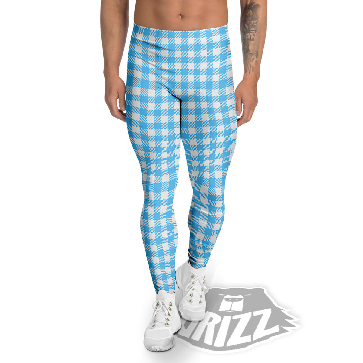 Blue Cyan And White Gingham Print Men's Leggings-grizzshop