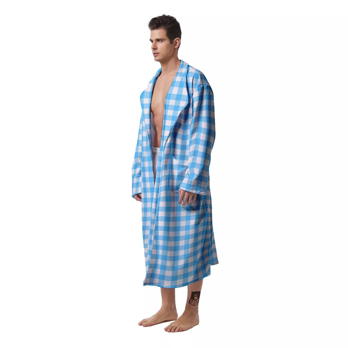 Blue Cyan And White Gingham Print Men's Robe-grizzshop