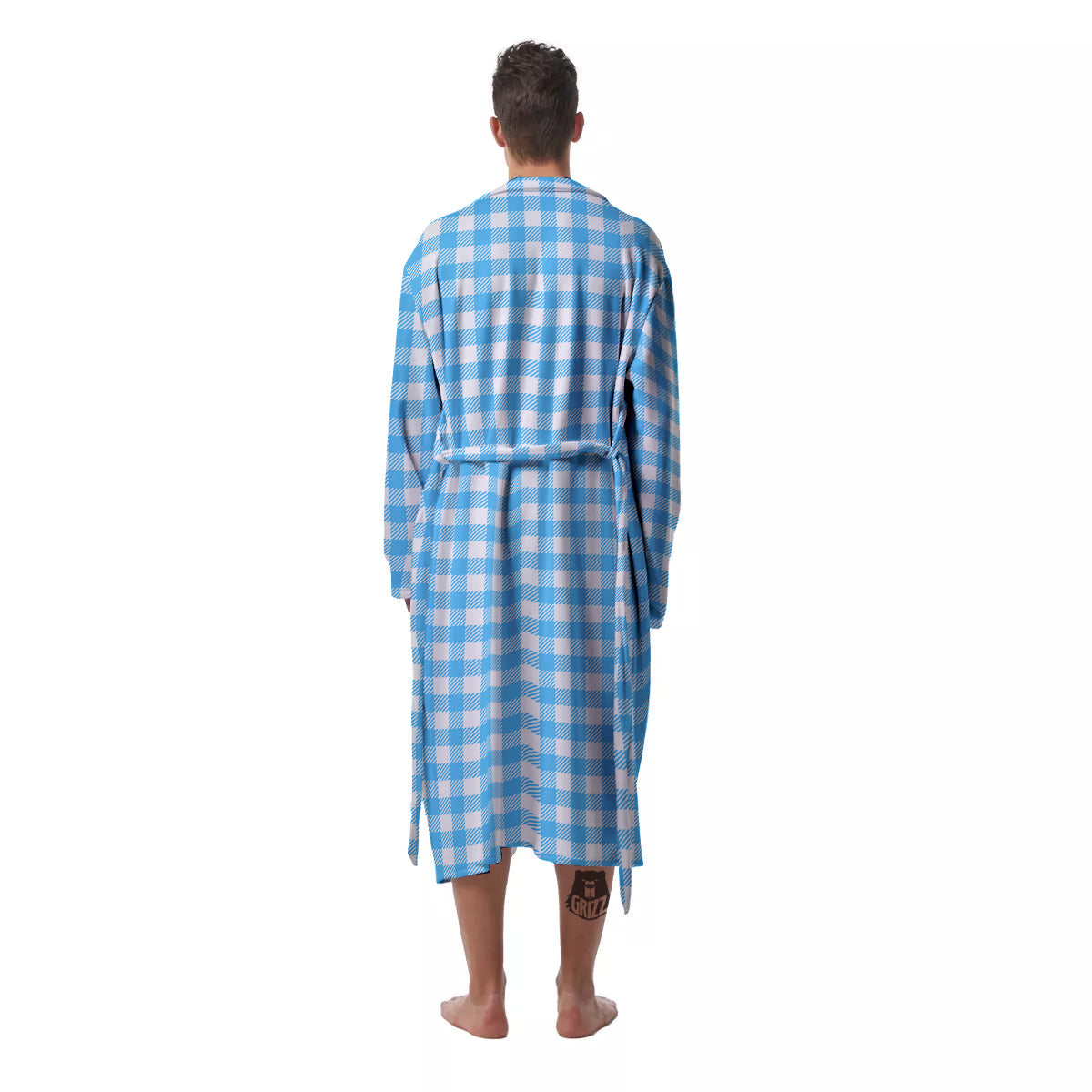 Blue Cyan And White Gingham Print Men's Robe-grizzshop