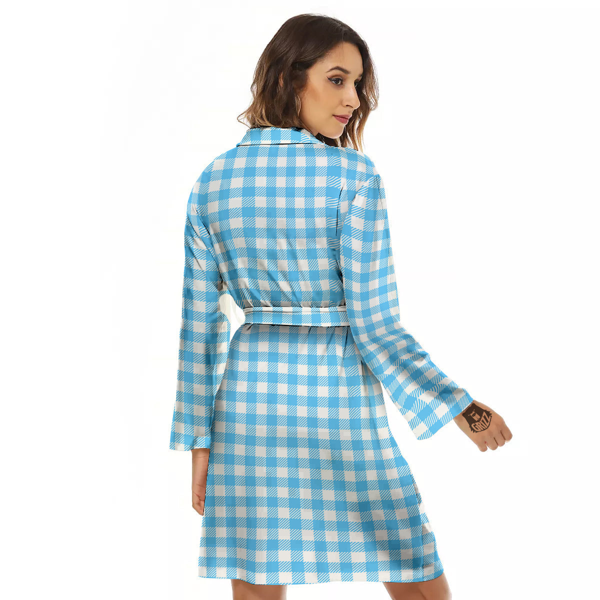 Blue Cyan And White Gingham Print Women's Robe-grizzshop