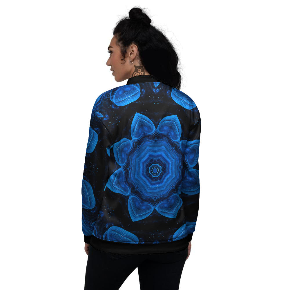 Blue Dark Kaleidoscope Print Women's Bomber Jacket-grizzshop