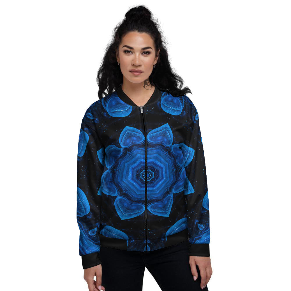 Blue Dark Kaleidoscope Print Women's Bomber Jacket-grizzshop