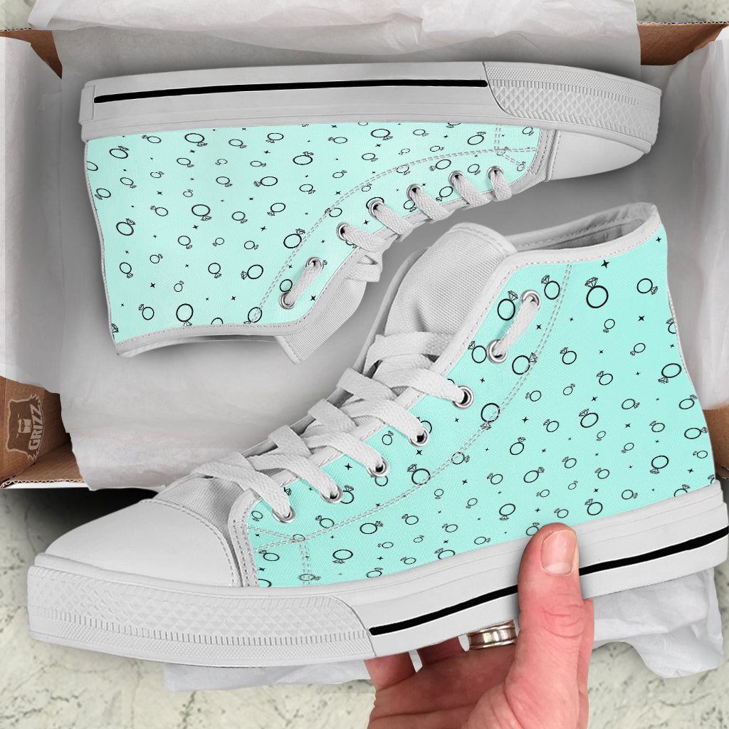 Blue Diamond Ring Print Pattern White High Top Shoes-grizzshop
