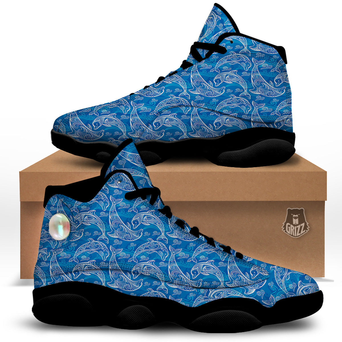 Blue Dolphins Ethnic Print Pattern Black Basketball Shoes-grizzshop