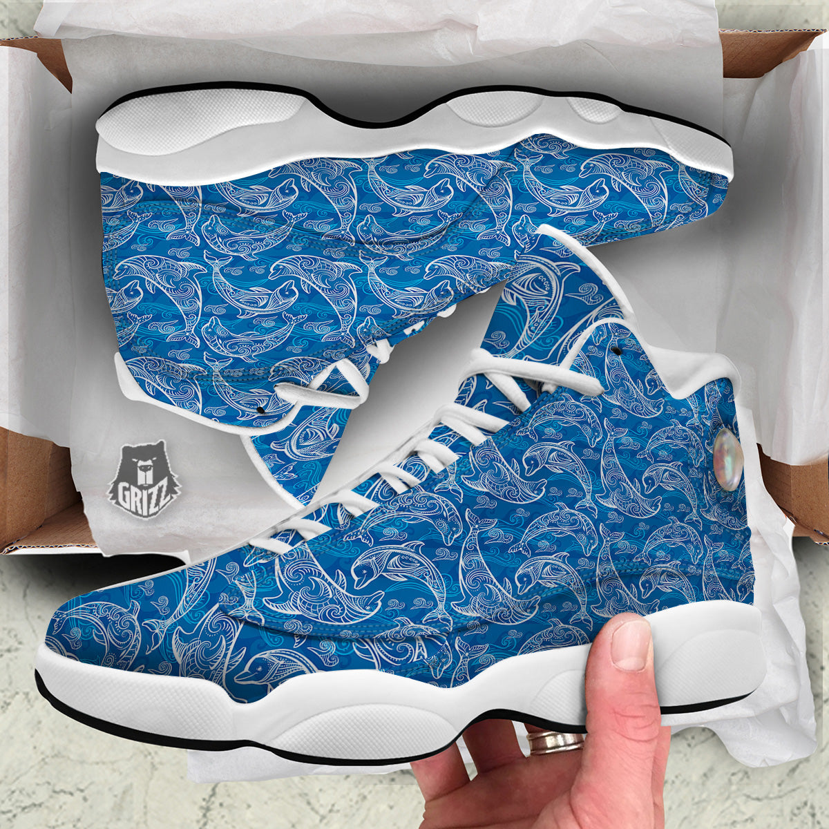 Blue Dolphins Ethnic Print Pattern White Basketball Shoes-grizzshop