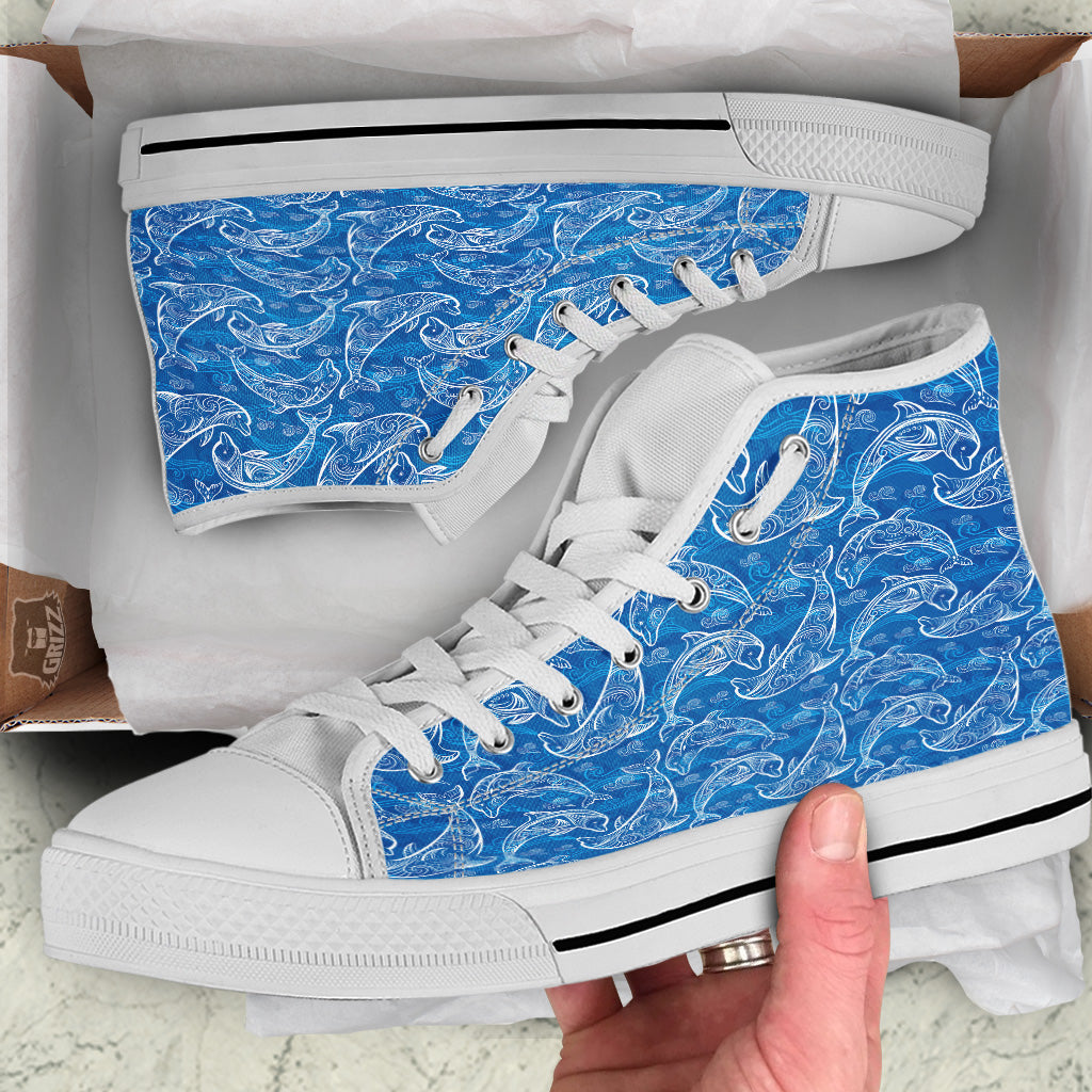 Blue Dolphins Ethnic Print Pattern White High Top Shoes-grizzshop