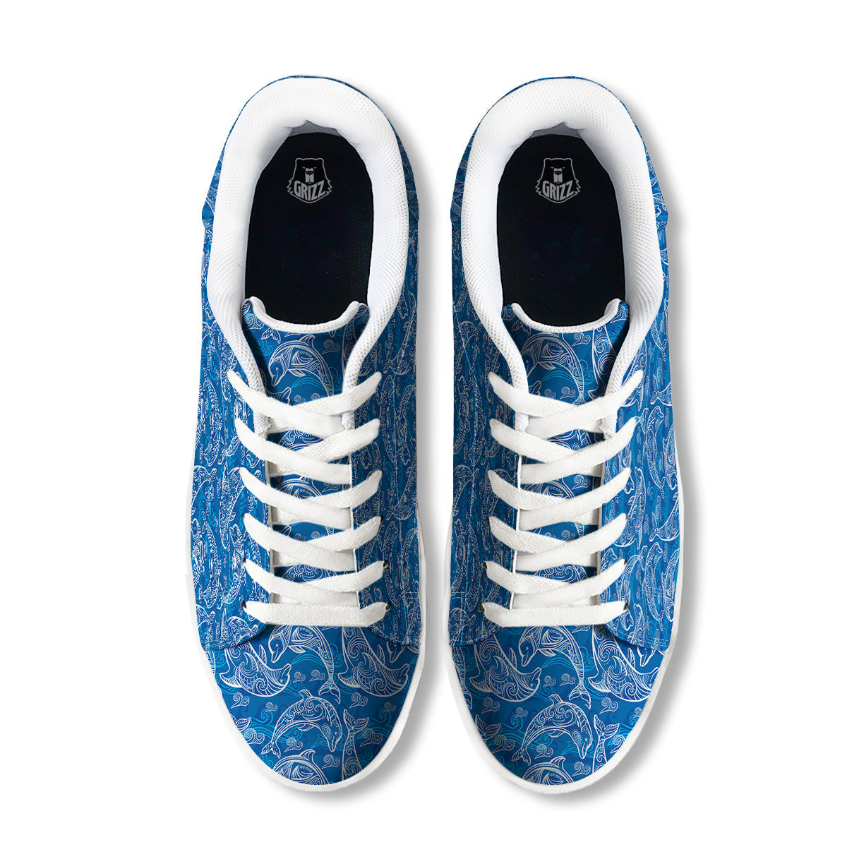 Blue Dolphins Ethnic Print Pattern White Low Top Sneakers-grizzshop