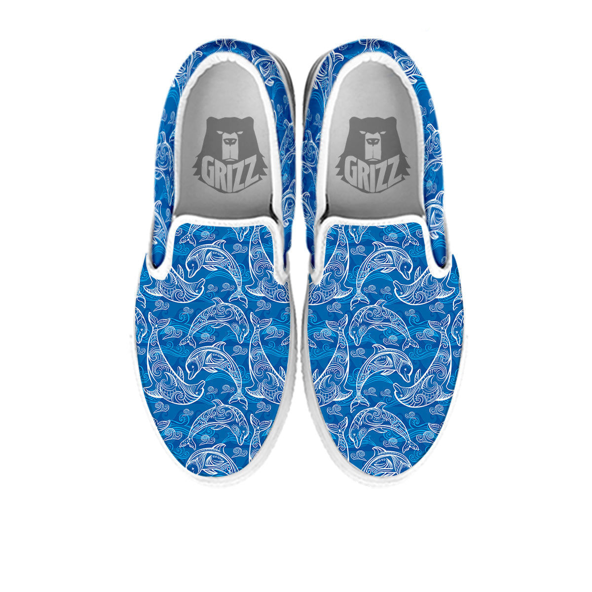Blue Dolphins Ethnic Print Pattern White Slip On Shoes-grizzshop