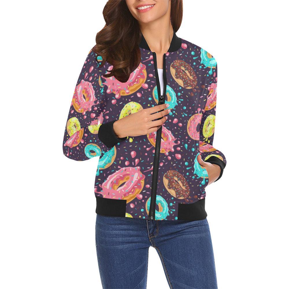 Blue Donut Pattern Print Women Casual Bomber Jacket-grizzshop