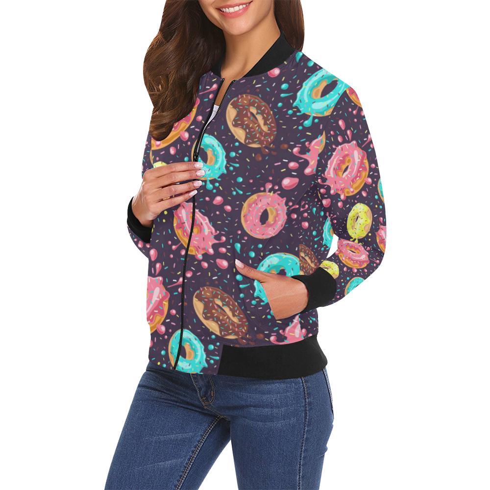 Blue Donut Pattern Print Women Casual Bomber Jacket-grizzshop