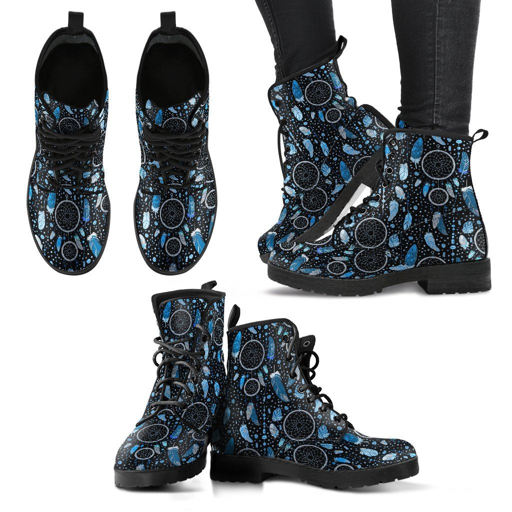 Blue Dream Catcher Feather Pattern Print Men Women Leather Boots-grizzshop