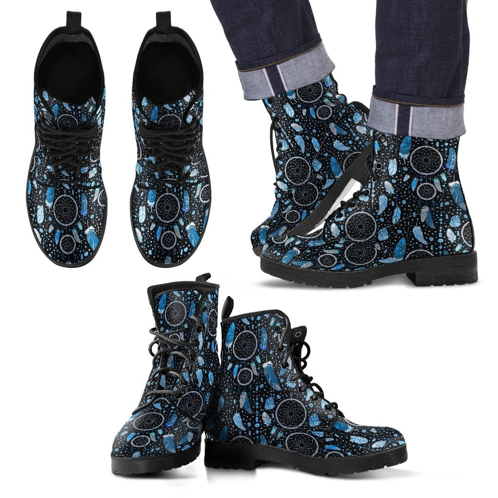 Blue Dream Catcher Feather Pattern Print Men Women Leather Boots-grizzshop