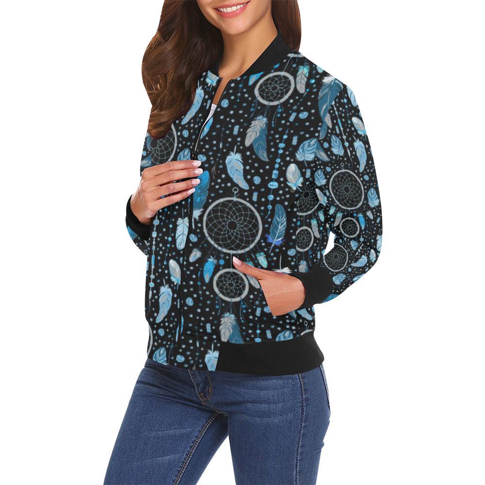 Blue Dream Catcher Feather Pattern Print Women Casual Bomber Jacket-grizzshop