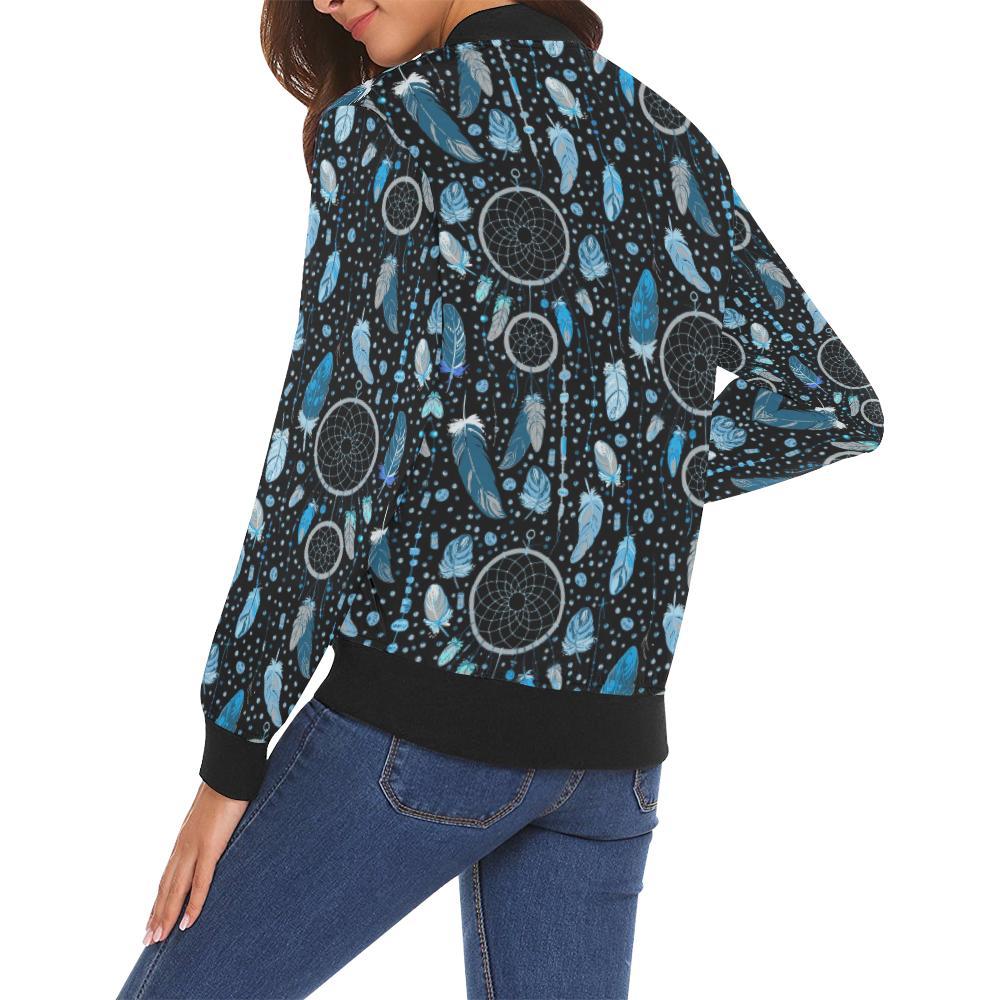 Blue Dream Catcher Feather Pattern Print Women Casual Bomber Jacket-grizzshop
