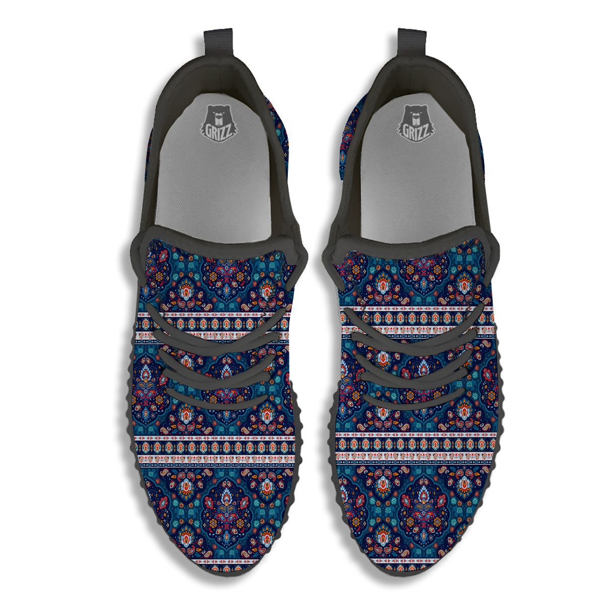 Blue Ethnic Mandala Print Pattern Black Walking Shoes-grizzshop