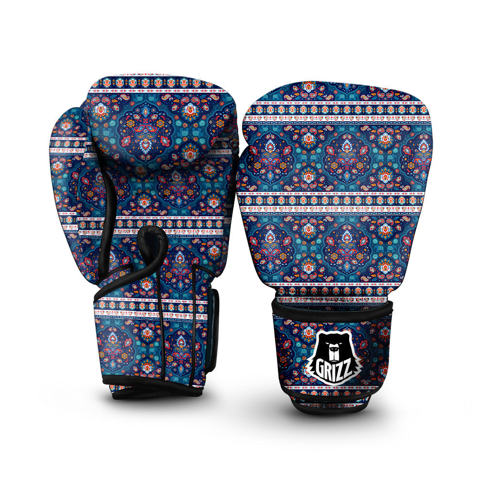 Blue Ethnic Mandala Print Pattern Boxing Gloves-grizzshop