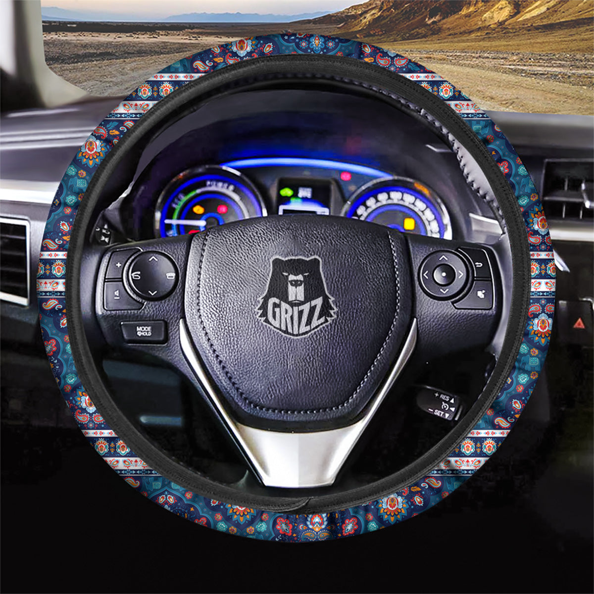 Blue Ethnic Mandala Print Pattern Car Steering Wheel Cover-grizzshop