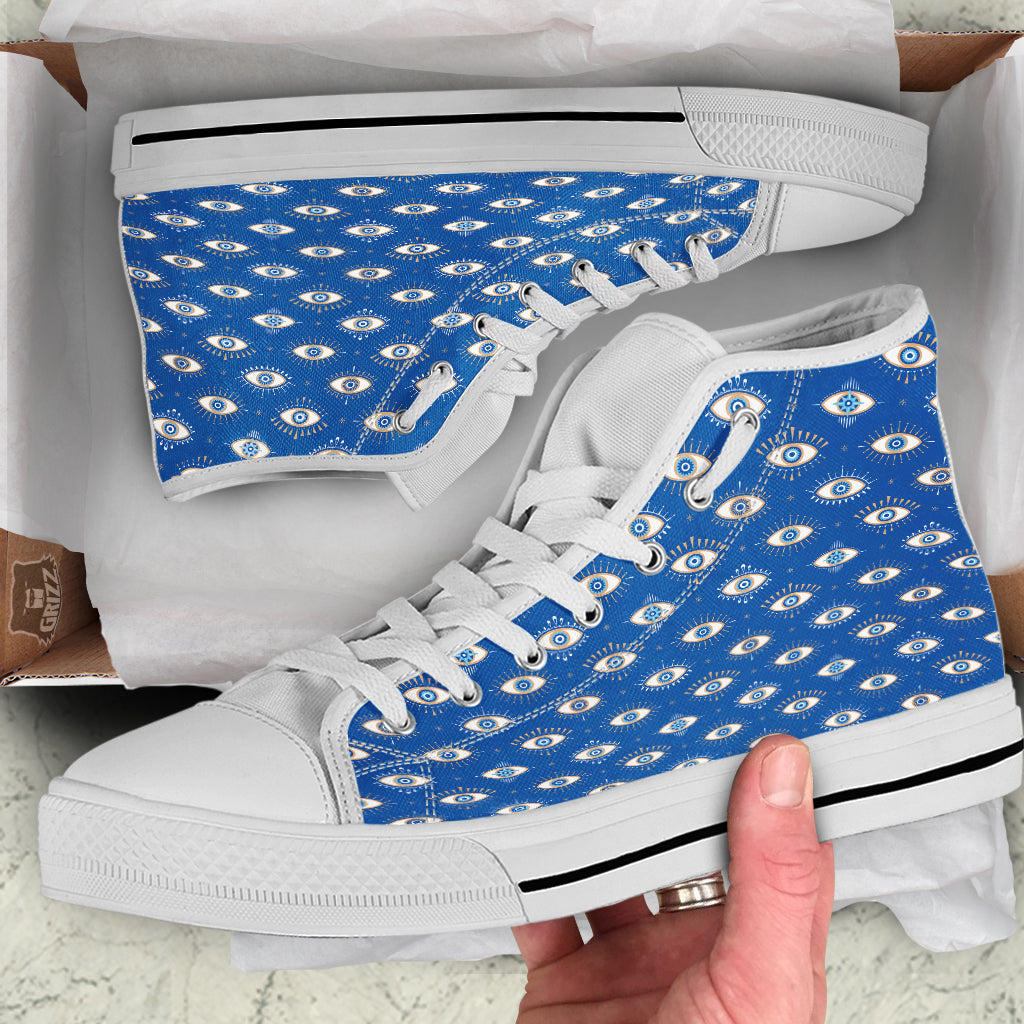 Blue Eyes Hamsa Print Pattern White High Top Shoes-grizzshop