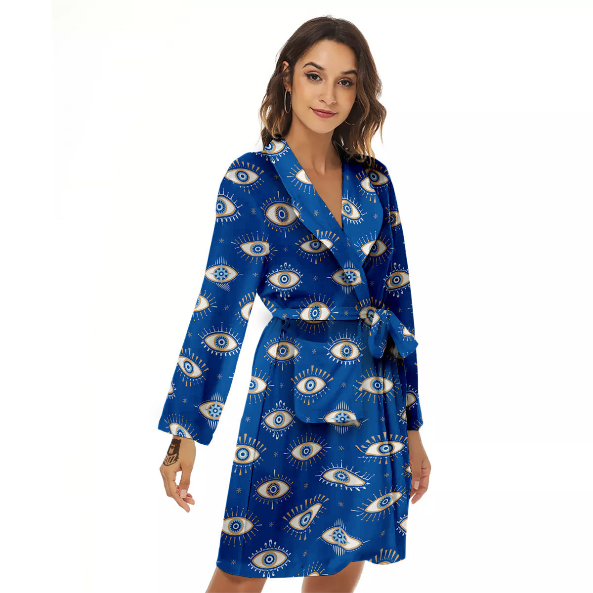 Blue Eyes Hamsa Print Pattern Women's Robe-grizzshop