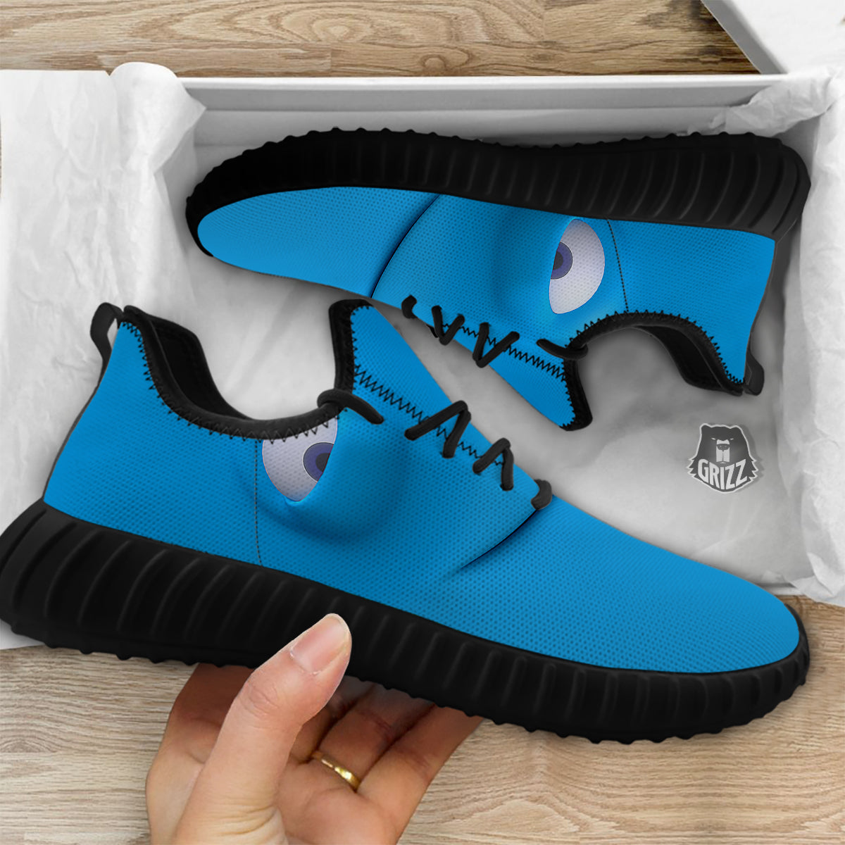 Blue Face Cartoon Emoticon Character Print Black Walking Shoes-grizzshop