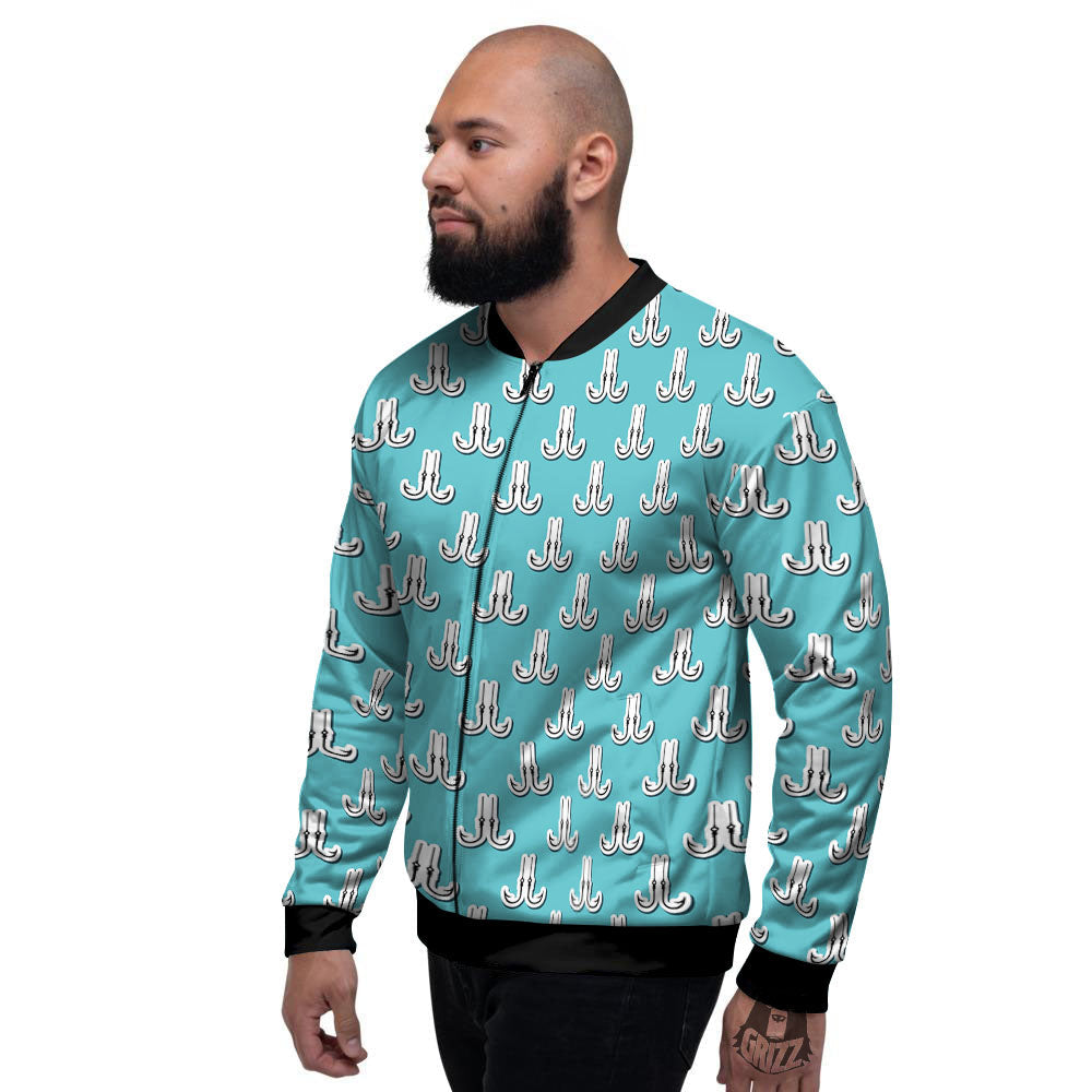 Blue Fish Hook Print Pattern Men's Bomber Jacket-grizzshop