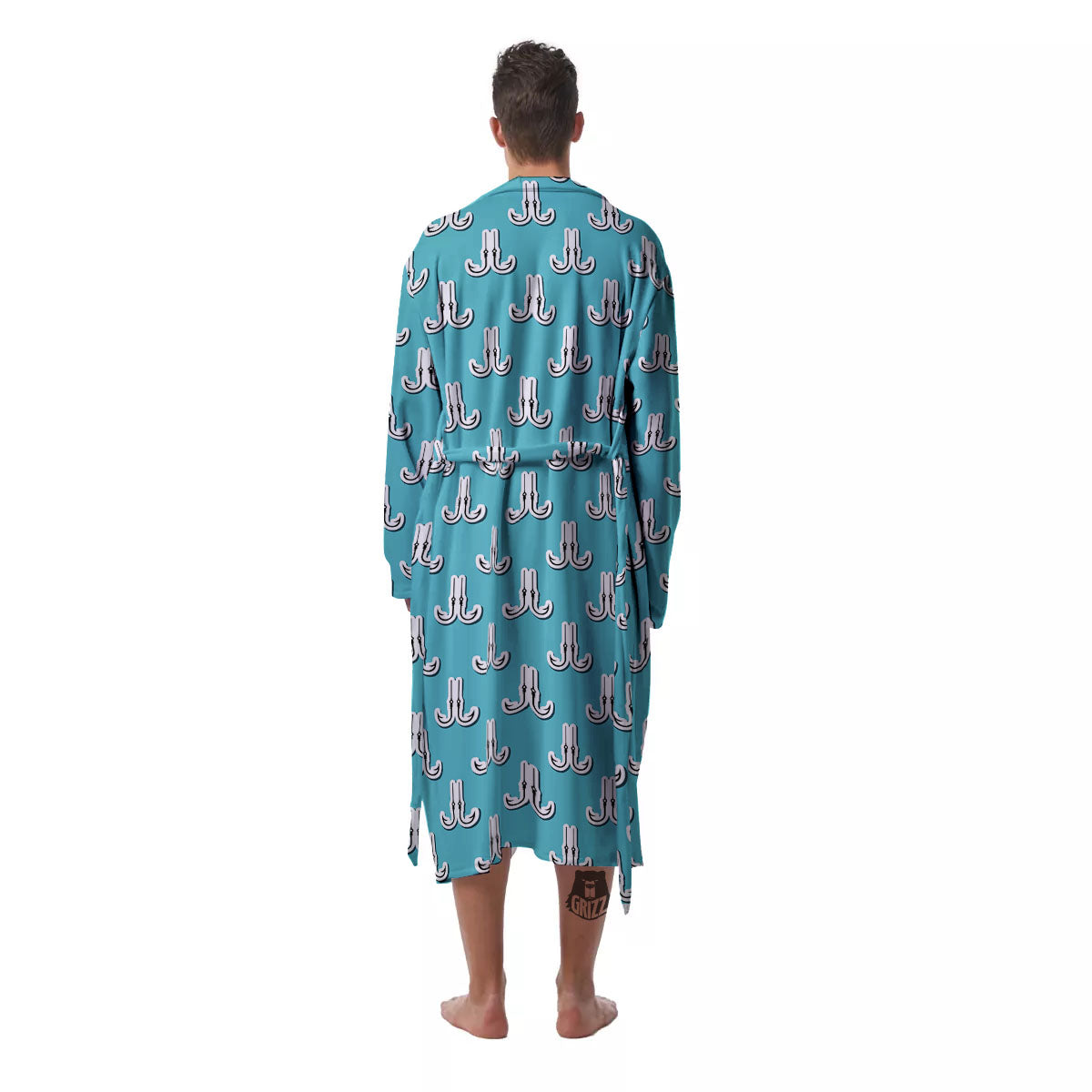 Blue Fish Hook Print Pattern Men's Robe-grizzshop