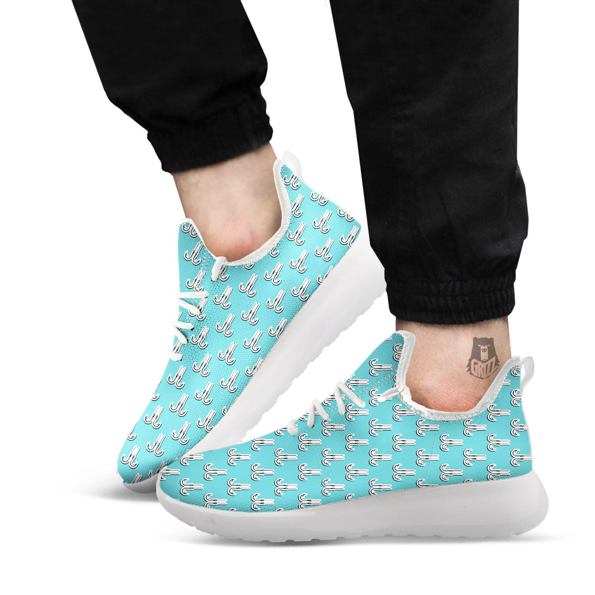 Blue Fish Hook Print Pattern White Athletic Shoes-grizzshop