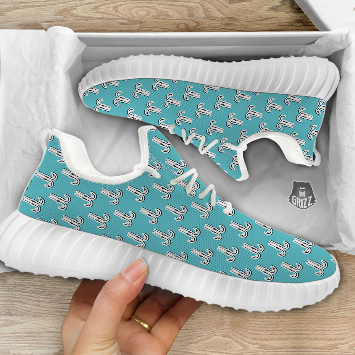 Blue Fish Hook Print Pattern White Walking Shoes-grizzshop