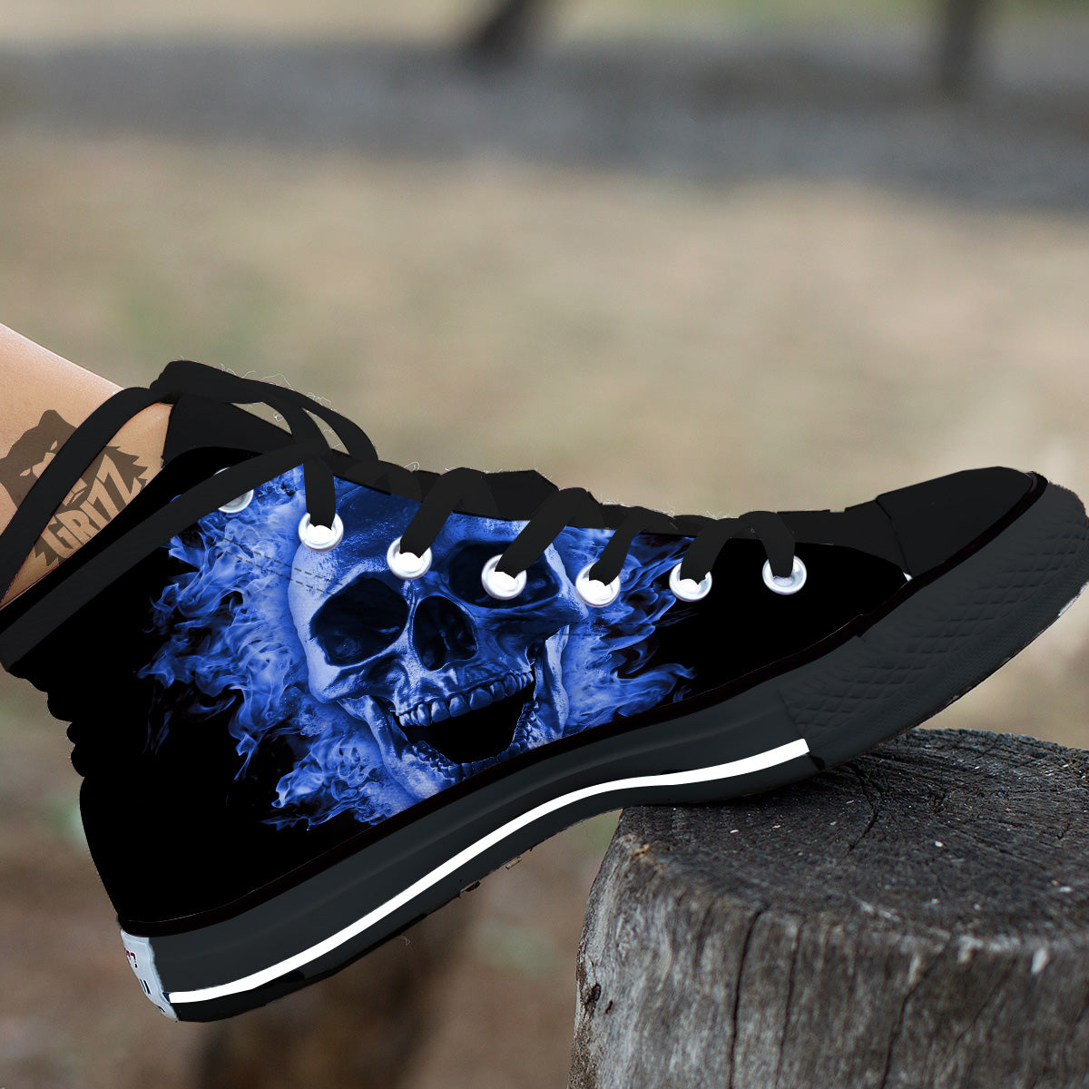 Blue Flaming Skull Print Black High Top Shoes-grizzshop
