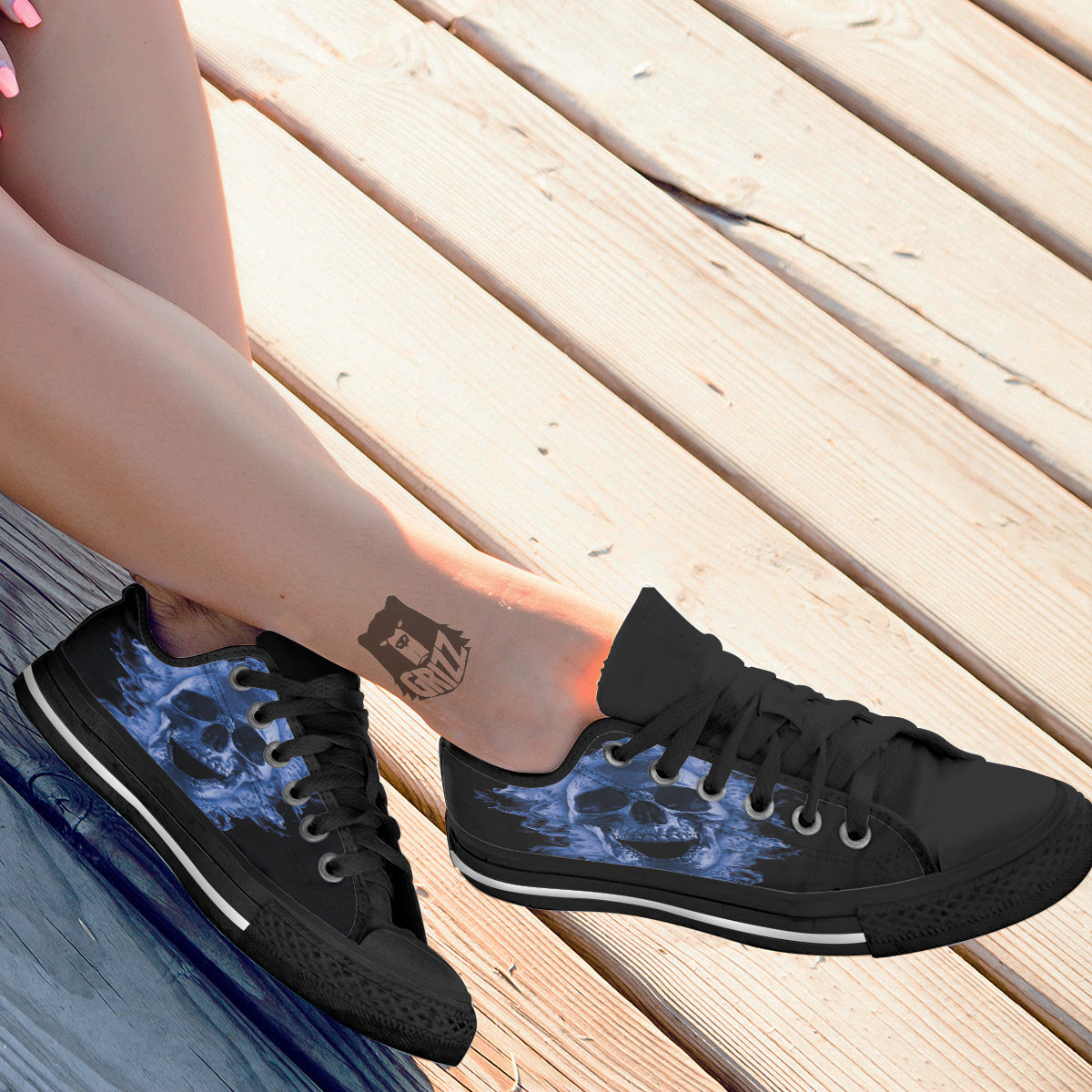 Blue Flaming Skull Print Black Low Top Shoes-grizzshop