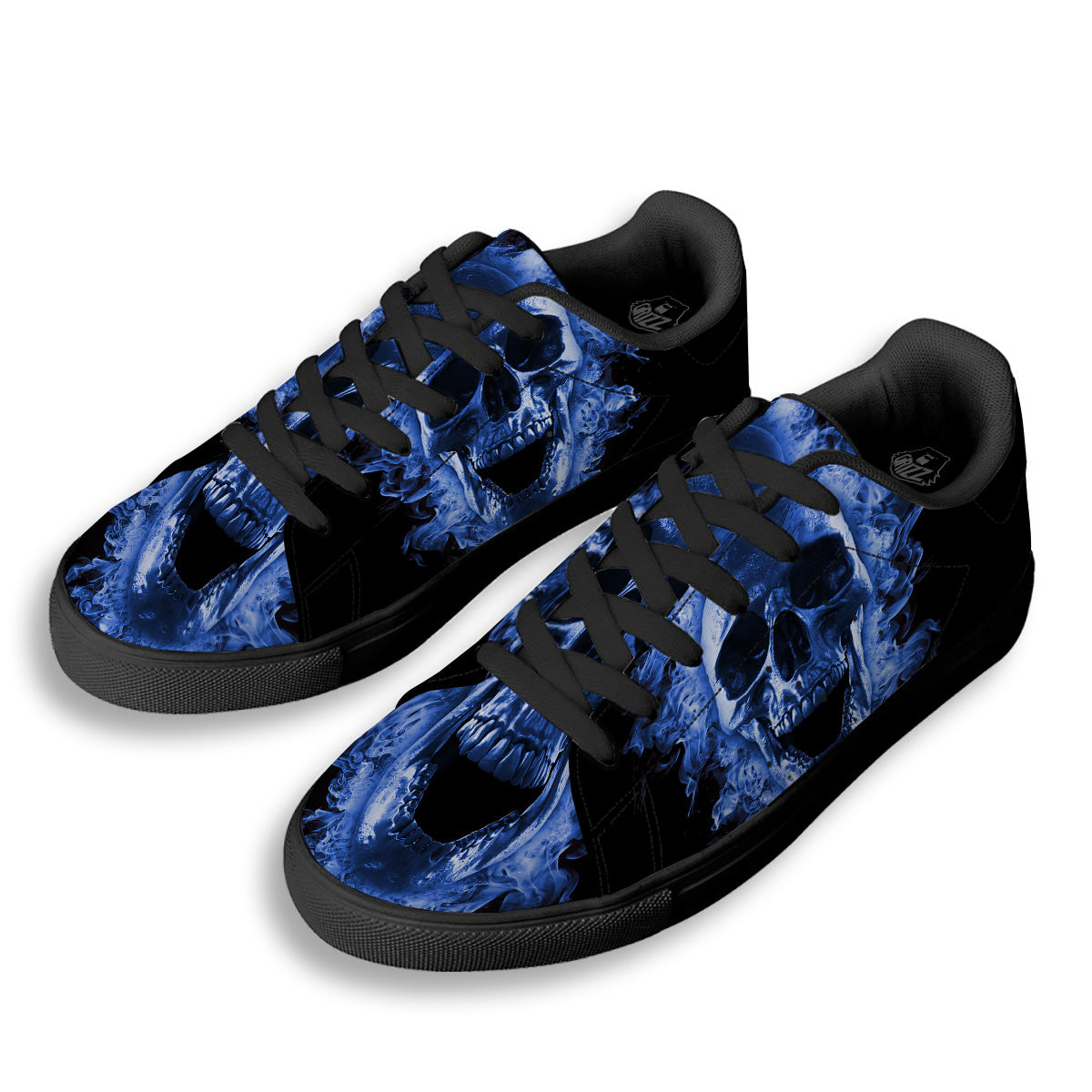 Blue Flaming Skull Print Black Low Top Sneakers-grizzshop